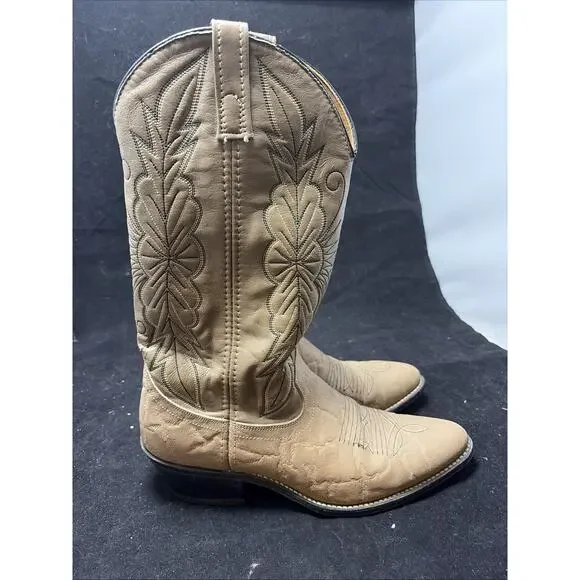 Vintage Boots Mens 9 D Western Cowboy Tan Faux Leather Pull On Mid-Calf Block - Picture 3 of 8